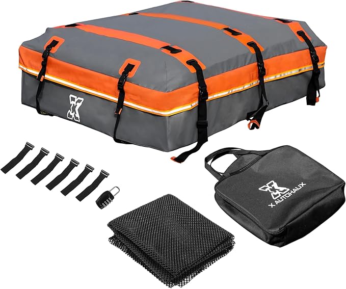 X AUTOHAUX 1000D PVC Waterproof Car Roof Bag Rooftop Cargo Carrier Bag Luggage Carriers for Cars with or without Rack Anti-Slip Mat 6 Door Hooks Set Gray - 15 Cubic Feet