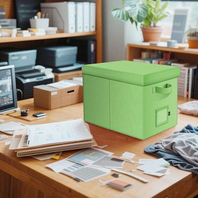 File Organizer Box with Lid, Linen Hanging File Storage Box with Handle, Collapsible Document Filling Box for Letter/Legal Fo