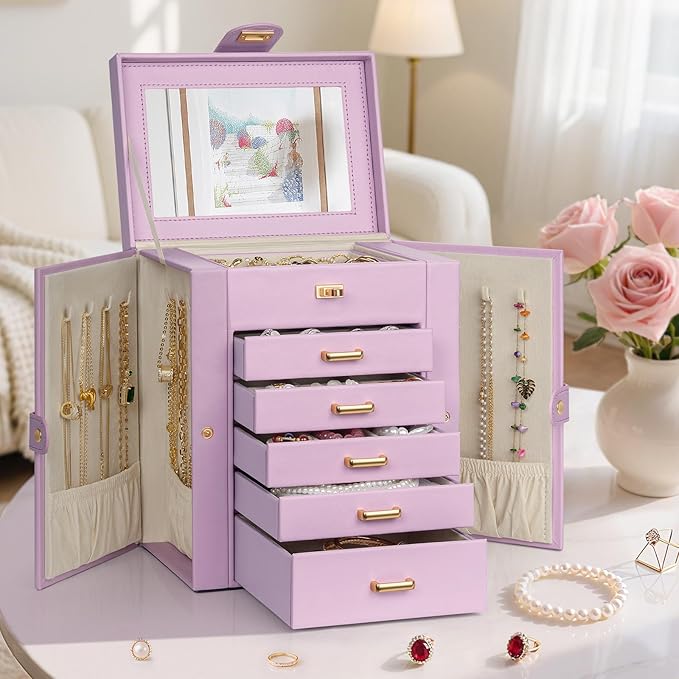 AKOZLIN Jewelry Box Organizer Functional Leather Jewelry Storage Case for Women Girls Ring Necklace Earring Bracelet Holder O
