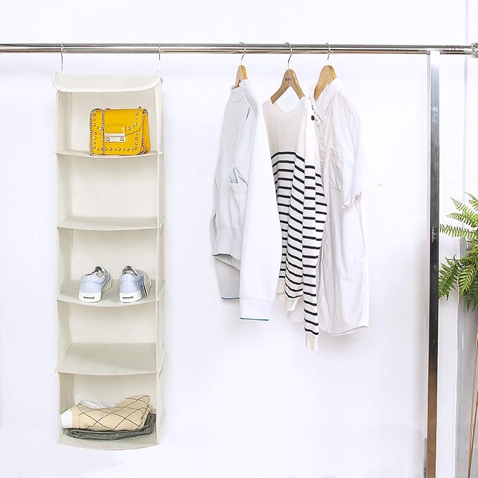 BrilliantJo 5 Shelves Hanging Closet Organizer, 2 Pack Hanging Storage with 6 Side Pockets for Clothes Shoes, 43"x12"x12"(Bei