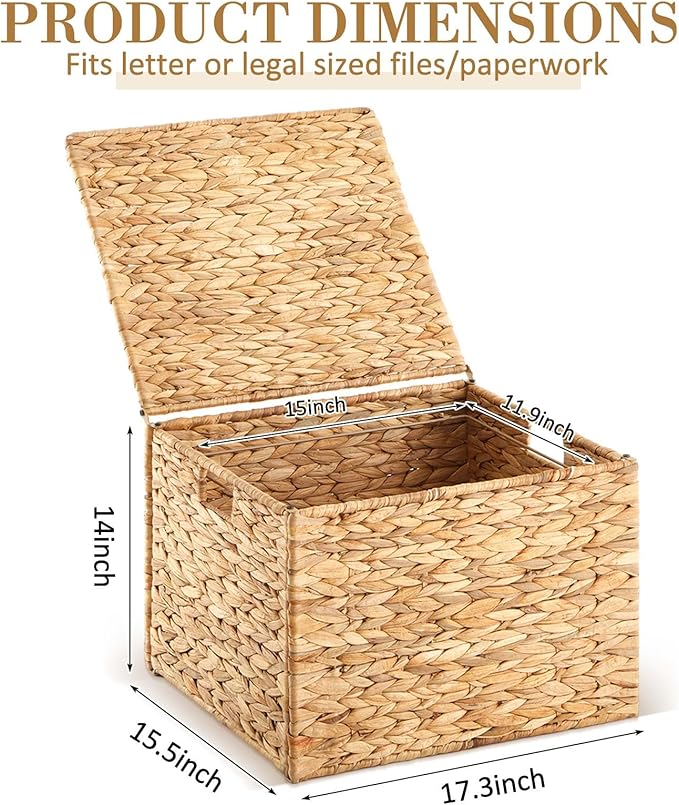 Jingmore 1 Pack Large Decorative File Box Water Hyacinth Letter/Legal Size File Organizer with Lid Collapsible Hand Woven Fil