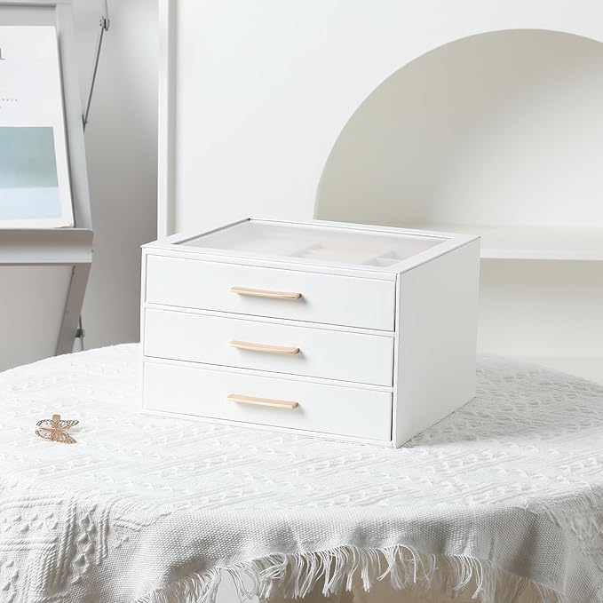 Frebeauty Clear Lid Jewelry Box,3-Layer Jewelry Organizer with Drawer,PU Leather Jewelry Organizers and Storage,Jewelry Boxes