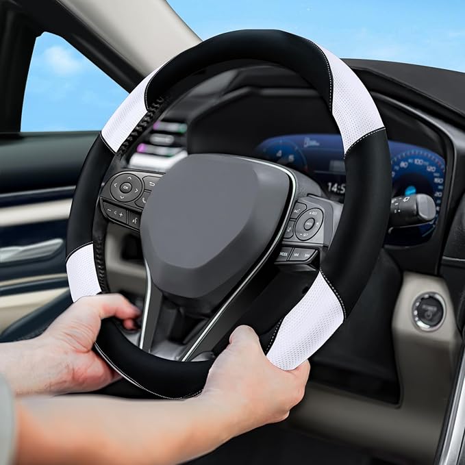 Soft Leather Steering Wheel Cover with Breathable Design and Anti-Slip Grip, Fully Compatible with Tesla, Toyota, Honda, Niss