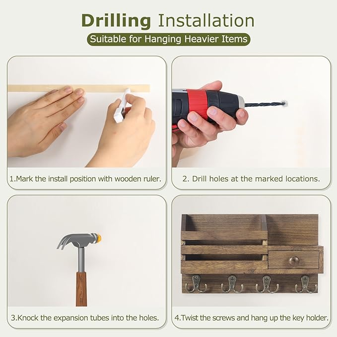 Key Holder Wall Mount, Wooden Adhesive Mail and Key Organizer with Drawer, Small Shelf, 8 Hooks, 2 Installation Methods, Brow