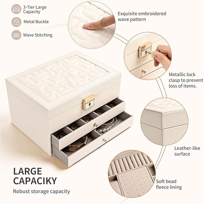 Greenfeather Jewelry Boxes for Women, Jewelry Organizer Box with Lid 3 Layers for Necklaces Rings Earrings and Bracelets Box 