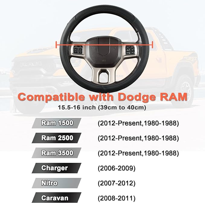 West Llama Customized Auto Car Steering Wheel Cover for Dodge RAM 1500 2500 3500, 15.5-16 inch(Black Line-Large Size)