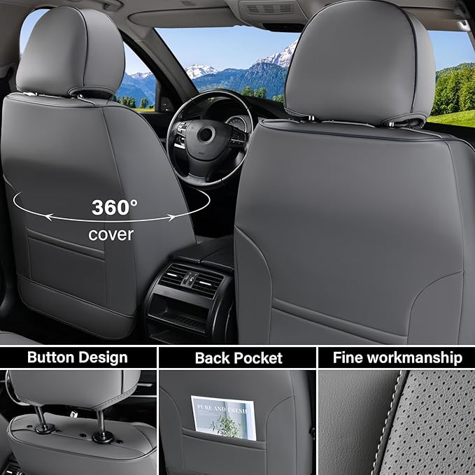 Coverado Car Seat Covers Full Set, Seat Covers for Cars, Gray Car Seat Protector Waterproof, Nappa Leather Car Seat Cushion, 