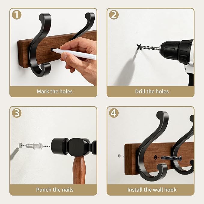 Solid Wood Wall Mounted Coat Rack, Heavy Duty 5 Hook Wooden Hanger with Metal Hooks for Hanging Hats, Coats, Towels, Backpack