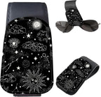Sunglasses Holder for Car Visor, PU Leather Glasses Clip Organizer, Cute Magnetic Eyeglass Holder for Vehicle Sun Visor, Car Interior Accessory for Women & Men Black Celestial Sun Moon