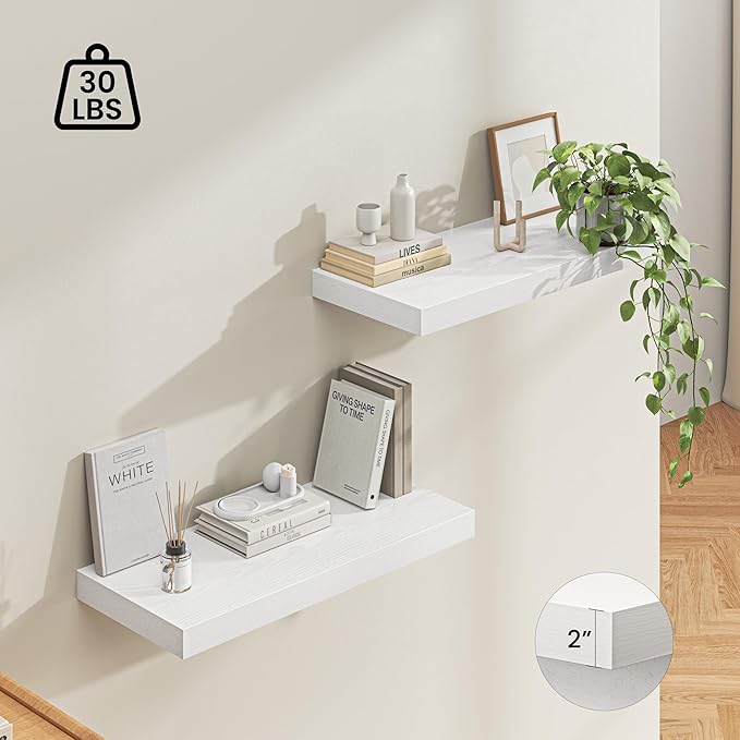 Dreamland 32" Floating Shelves for Wall, 12" Deep Thicker White Floating Shelves, Wall-Mounted Shelves for Bedroom, Living Ro