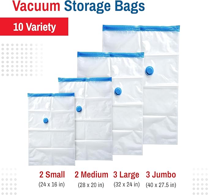 10-Pack Variety Vacuum Storage Bags for Comforters, Blankets & Clothes – Vacuum Sealed Compression Bags with Hand Pump – Spac