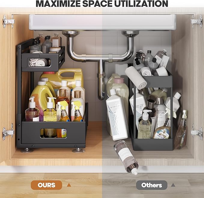 1 Pack Under Sink Organizer,Pull Out Cabinet Organizer with Smooth Cylindrical Rail,Metal Slide Out Drawer for Kitchen Bathro