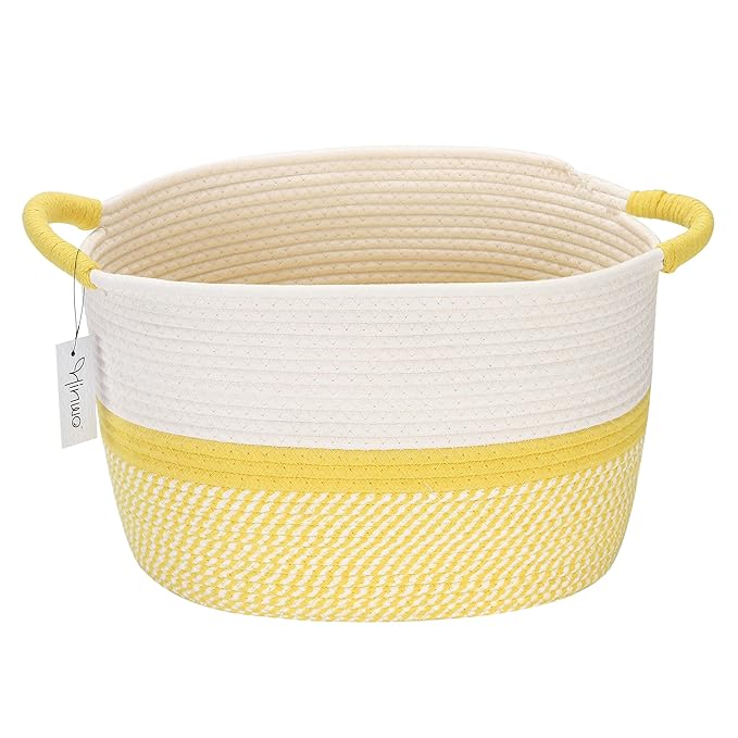 Hinwo Oval Cotton Rope Storage Basket Collapsible Nursery Storage Box Container Organizer with Handles, 13 x 10 inches, Off W