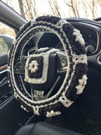 Daisy Crochet Steering Wheel Cover,Cute Seat Belt Cover,Women car Accessories (Black Wheel Cover+2 Belt Cover)