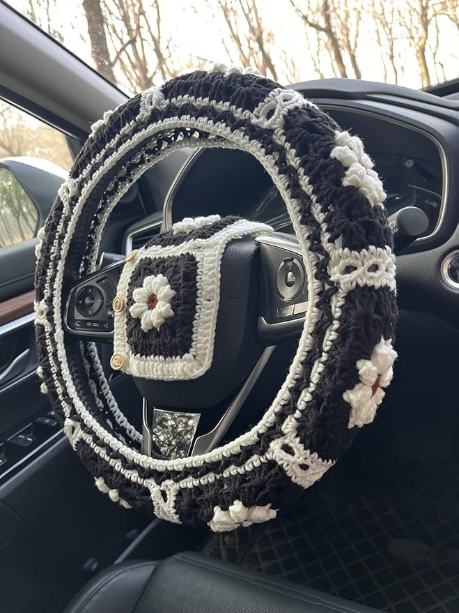 Daisy Crochet Steering Wheel Cover,Cute Seat Belt Cover,Women car Accessories (Black Wheel Cover+2 Belt Cover)