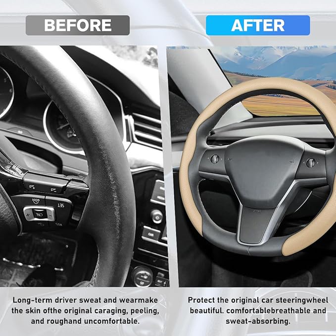 Car Nappa Leather Steering Wheel Cover, 15" Fashionable 5D Anti-Slip Vehicle Steering Wheel Protector, Breathable Auto Interi