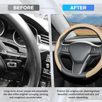 Car Nappa Leather Steering Wheel Cover, 15" Fashionable 5D Anti-Slip Vehicle Steering Wheel Protector, Breathable Auto Interi