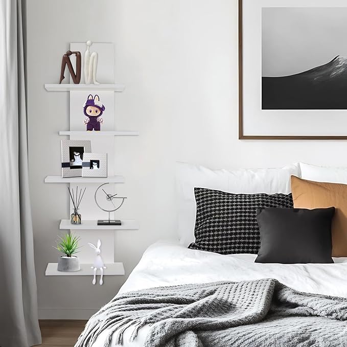 5 Tier Wall Shelf Unit-White Floating Shelves for Home Decor, Modern Unique Asymmetric Design for Bedroom & Living Room Stora