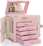 TORIBIO Large Jewelry Box for Women, Leather Jewelry Organizer with Mirror & Lock, 6-Tier Jewelry Storage Case for Girls/Wome