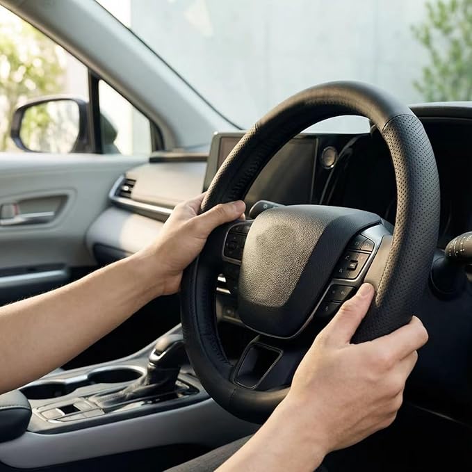 Leather Steering Wheel Cover for Jeep Wrangler Grand Cherokee Compass, 14.5-15 inches Car Steering Wheel Cover with Non-Slip 