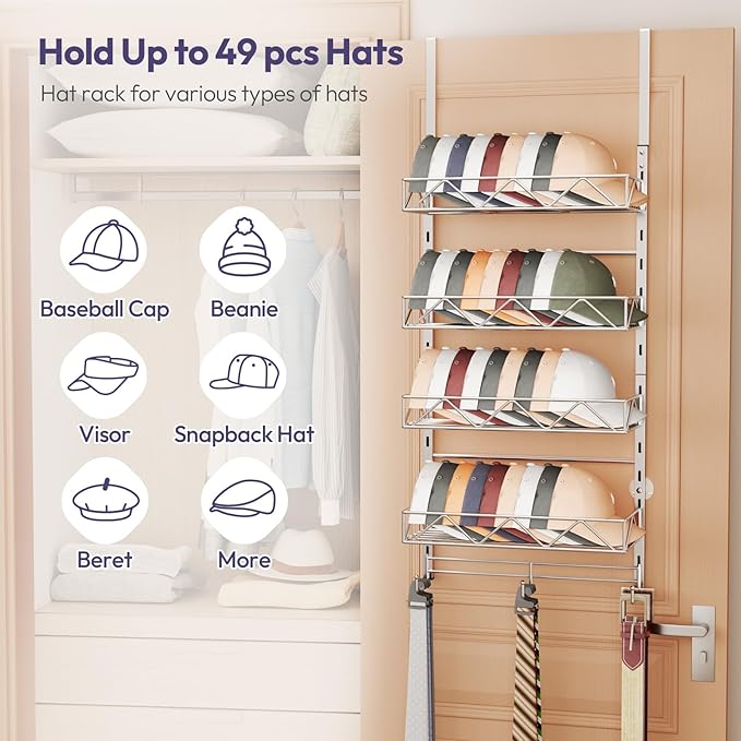 SWTYMIKI Over Door Hat Organizer - 5 Tier Wall Mounted Hat Rack with 4 Adjustable Metal Basket Heights Design and 3 Hooks, Ba