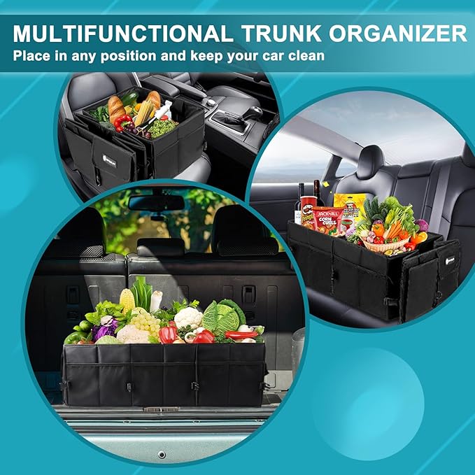 Sposuit Extra Large Trunk Organizer 98L Collapsible Car Storage Trunk Organizer with Removable Dividers & Adjustable Securing