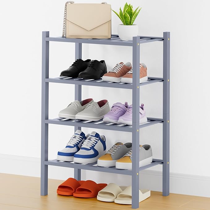 Smiry Shoe Rack, 4 Tier Thick Small Bamboo Shoe Organizer, Stackable Free Standing Wooden Shoe Storage Shelf for Closet, Entr