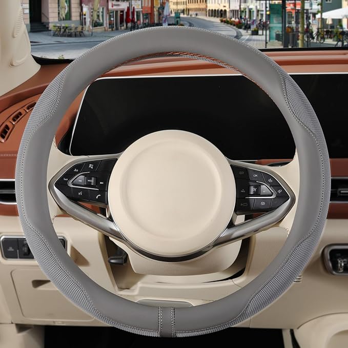 Nappa Leather Steering Wheel Cover, Advanced Microfiber Leather Non-Slip Breathable Fabric, Warm in Winter and Cool in Summer