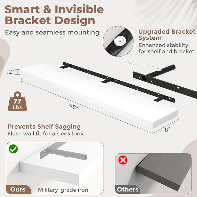 48 Inch Floating Shelves for Wall Set of 2, 8"D Wood Grain Bathroom Shelves with Invisible Brackets, Easy Install Engineered 