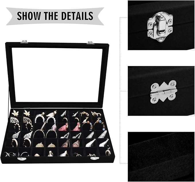 Siveit Velvet Jewelry Tray 48 Grid Jewelry Display Tray Organizer Box with Transparent Lid Rings Earrings Necklaces Pendants 