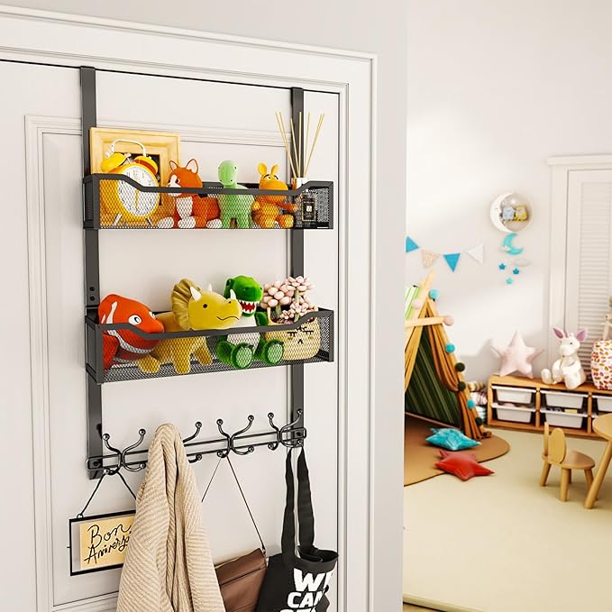SWTYMIKI Over The Door Hooks Organizer - Multi-Functional Door Hanger with 16 Hooks & 2 Mesh Baskets, Long Coat Rack for Bath