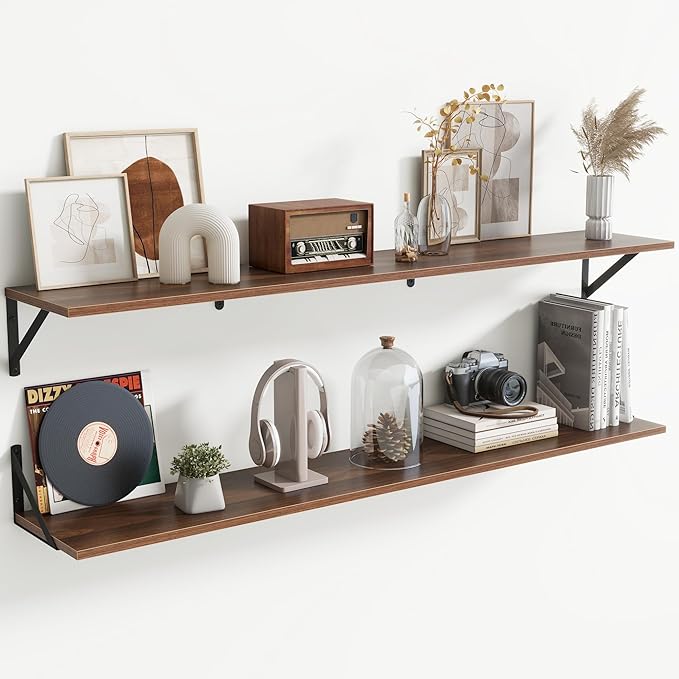 55" Long Wall Mounted Floating Shelves,8 inch Deep Floating Shelf with Metal Brackets Set of 2,Easy-to-Install Wall Decor Sto