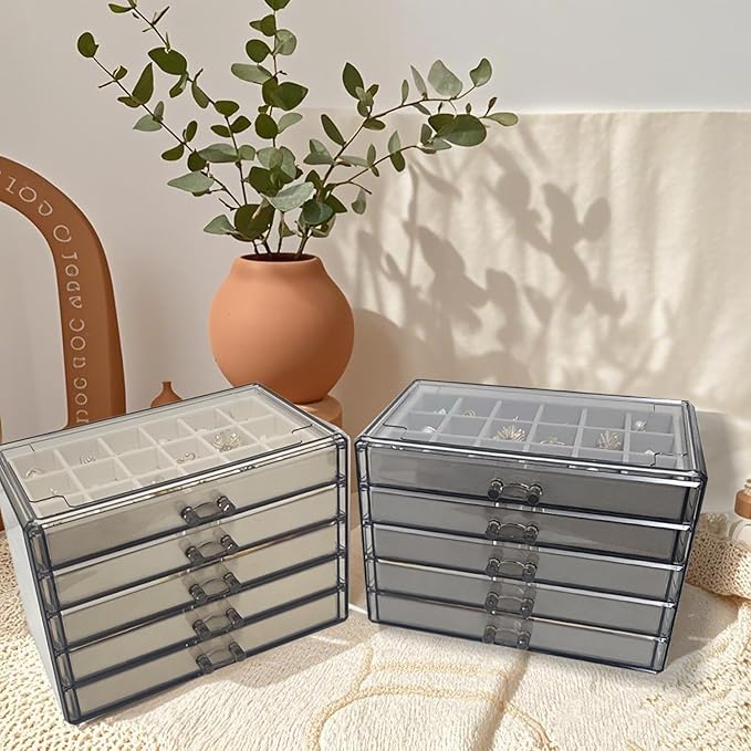 Acrylic Earring Holder Organizer with 5 Drawers Clear Earring Organizer Box with 90 Adjustable Grids Velvet Earring Display C