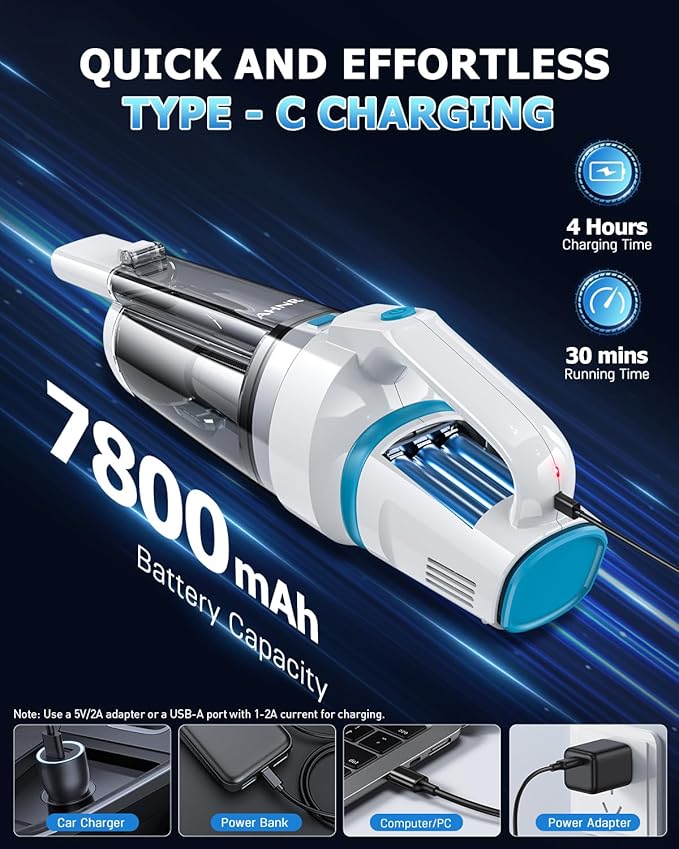 AHNR Handheld Vacuum Cordless, 16000PA Powerful Suction Hand Held Vacuum Dust Busters Cordless Rechargeable with LED Light & 