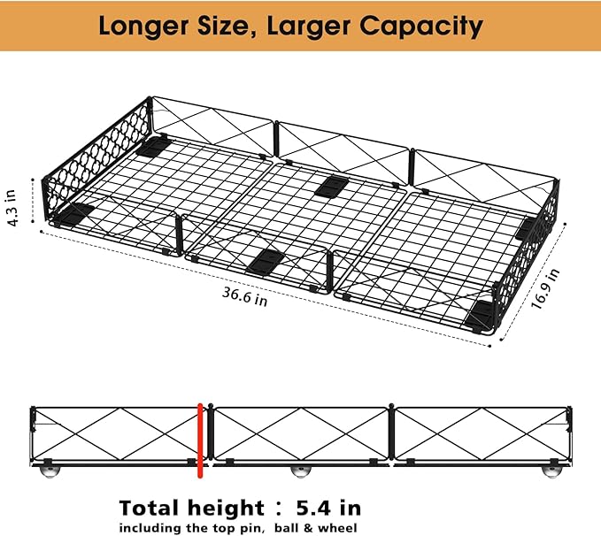 NADAMOO Large Under Bed Storage with Wheels, Low Profile Rolling Under Bed Storage Containers，Foldable Metal Under the Bed Or