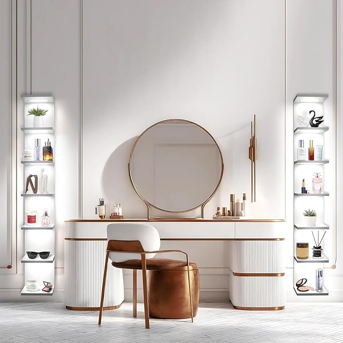7 Tier Wall Shelves with Led Light, Lack Wall Shelf Unit, Vertical Shelf with Remonte Control,White Shelves