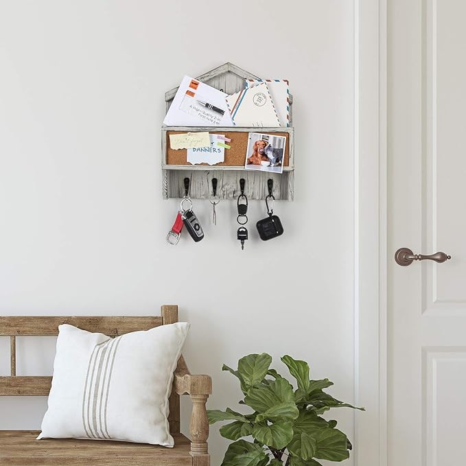J JACKCUBE DESIGN Wall Mounted Rustic White Wash Mail and Key Holder, Wooden Floating Organizer with Mail Storage, 4 Key Hold