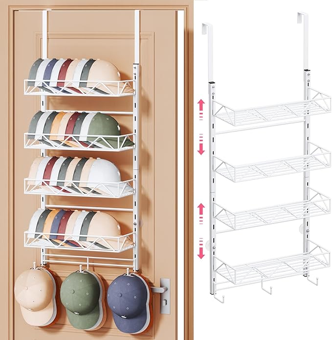 SWTYMIKI Over Door Hat Organizer - 5 Tier Wall Mounted Hat Rack with 4 Adjustable Metal Basket and 3 Hooks, Hanging Baseball 