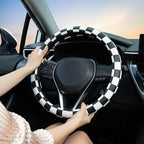 Black and White Race Checkered Steering Wheel Cover Auto Leather Steering Wheel Protector, Anti-Slip, Breathable, Absorbing Sweat, Universal Car Accessories 14.5–15 inch,Fit for Most Car, Trucks, SUV