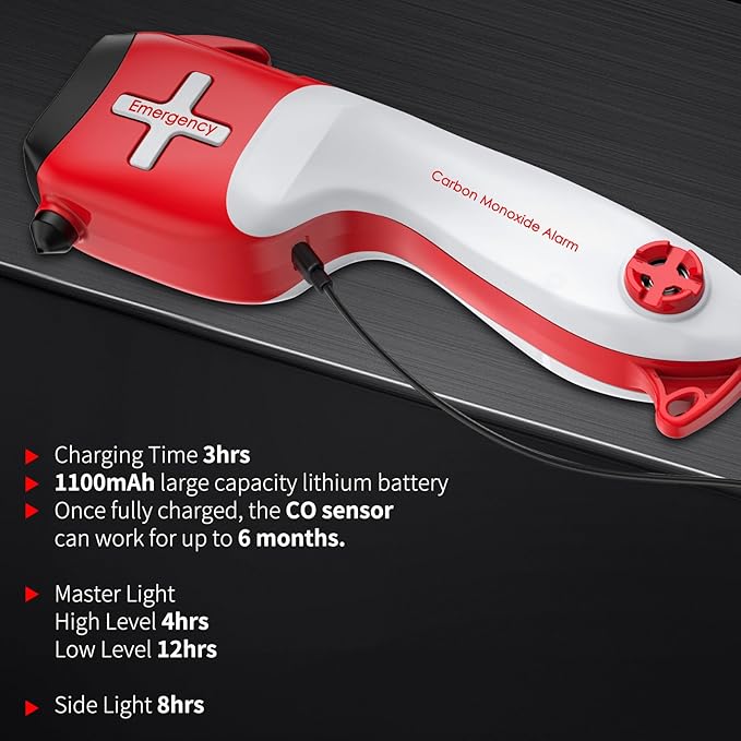 6-in-1 Multifunctional Emergency Tool, Flashlight with CO Detector, Window Breaker, Seat Belt Cutter, Red/White LED Warning L