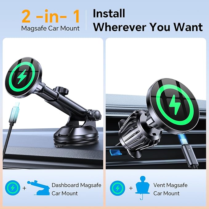 Coolpow for MagSafe Car Mount Charger【Ultra Magnet】Magnetic Phone Holders for Your Car Charger【Windshield+Vent+Dash】Magnetic Wireless Car Phone Holder Mount Charger Car Accessories for iPhone 17 16 15