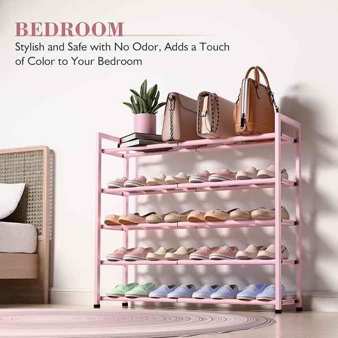 Bumusty 5-Tier Expandable Shoe Rack for Closet, 18“-33” Adjustable Shoe Rack for Small Space, Small Shoe Organizer for Front 