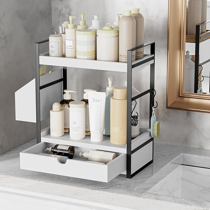 2-Tier Bathroom Counter Organizer with Drawer and Basket, Wood Countertop Organizer for Storage, Skincare Organizers for Vani