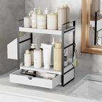 2-Tier Bathroom Counter Organizer with Drawer and Basket, Wood Countertop Organizer for Storage, Skincare Organizers for Vani