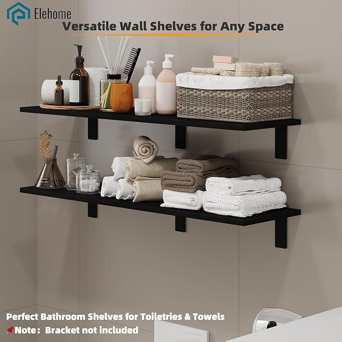 Floating Shelf Board for Wall 5/8" – No Brackets – 36" L x 12" W x 0.6" T Black Melamine Wood Floating Shelves for Bathroom, 