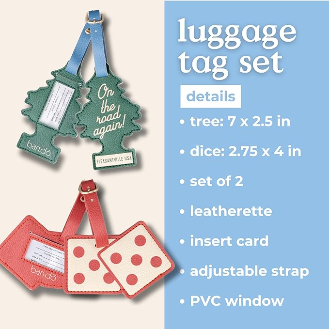 ban.do Getaway Suitcase Tag Set of 2 for Travel, Novelty Shaped Durable Vegan Leather Luggage Identifier (Road Trip)