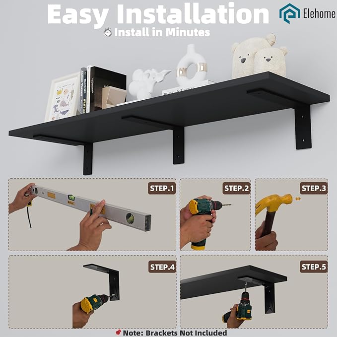 Floating Shelf Board for Wall 5/8" – No Brackets – 36" L x 10" W x 0.6" T Black Melamine Wood Floating Shelves for Bathroom, 