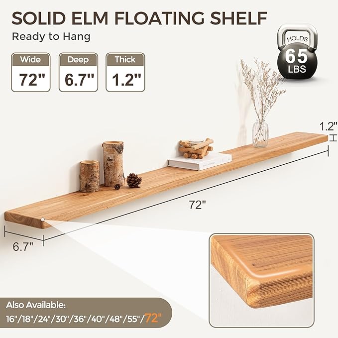 Fun Memories 72 Inch Floating Shelves for Wall, Solid Elm Wood Wall Shelf for Home Decor, Heavy-Duty Hardwood Floating Shelf 
