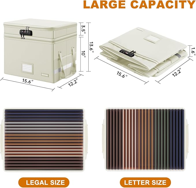 DocSafe File Box with Lock,Multi-Layer Fireproof Document Box Collapsible File Storage Organizer with Pockets/Handle,Large Po