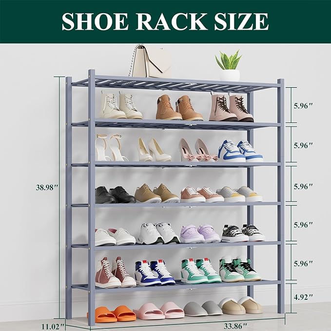 Smiry Shoe Rack, 6 Tier Thick Long Bamboo Shoe Organizer, Stackable Free Standing Wooden Shoe Storage Shelf for Closet, Entry